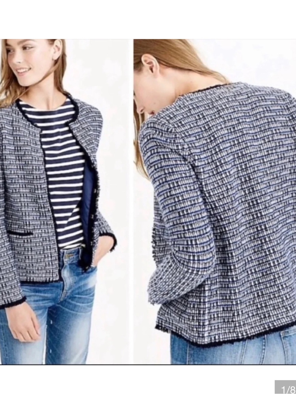 J. Crew Navy and White Tweed Fringe Trim Wool Blend Jacket. Size S . Style E2201